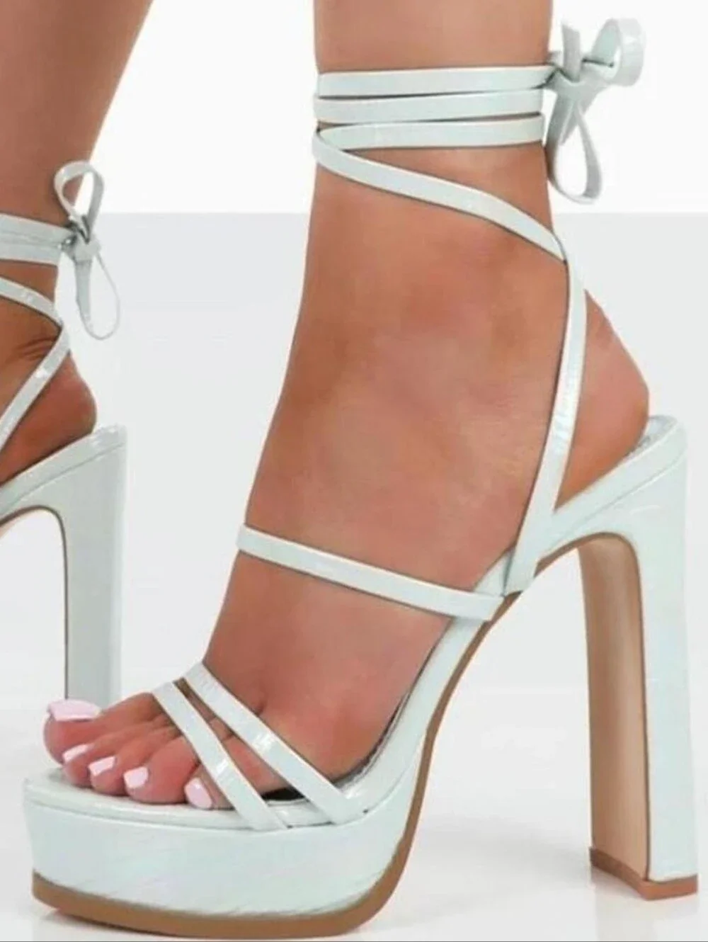 Public Desire Mint Iridescent Lace Up Platform Heels Strappy Block Heel 7.5